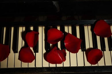 Photo of Many red rose petals on piano keys, above view