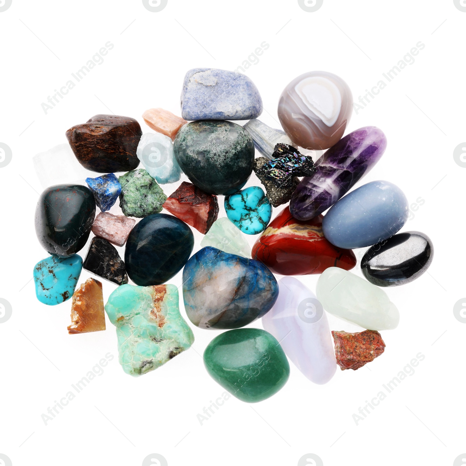 Photo of Pile of different natural mineral stones isolated on white, top view