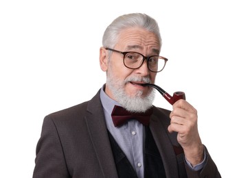 Portrait of elegant bearded gentleman with tobacco pipe on white background