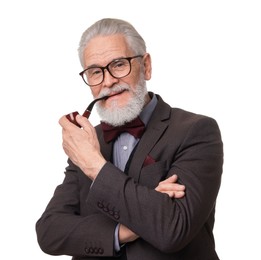 Portrait of elegant bearded gentleman with tobacco pipe on white background