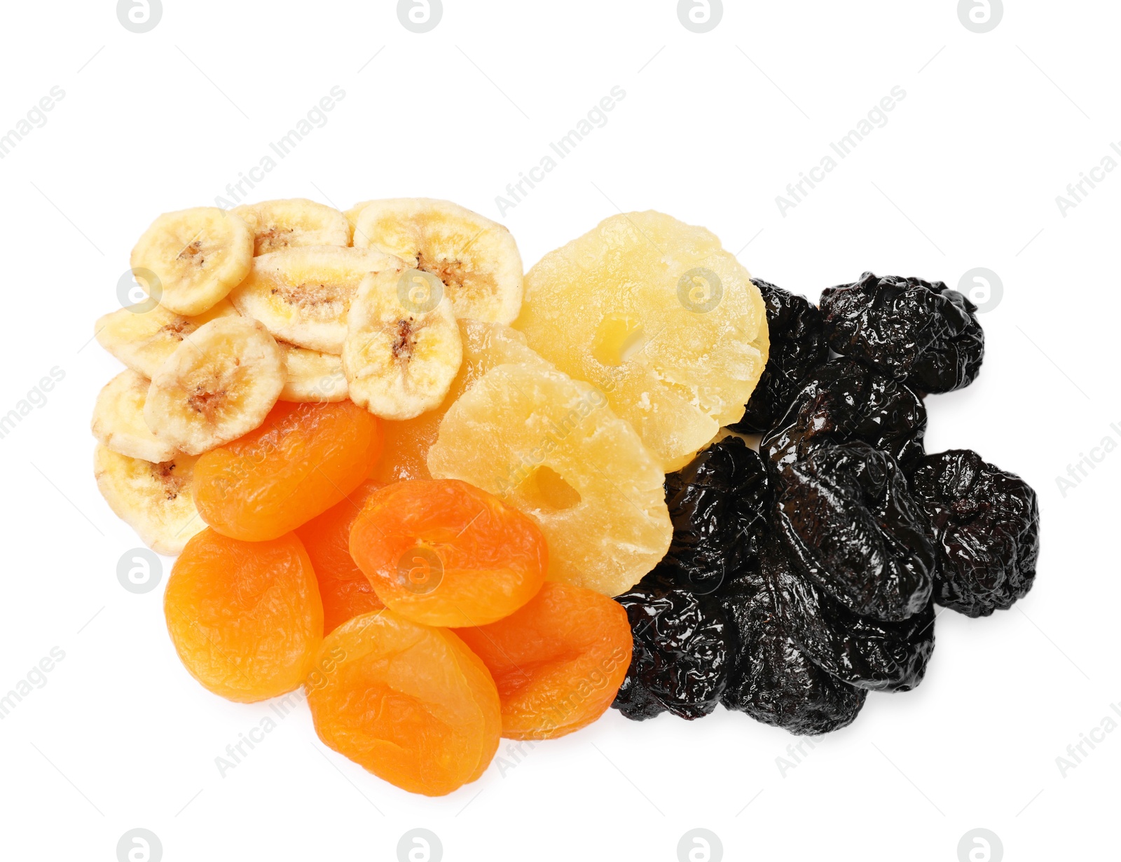 Photo of Mix of different dried fruits isolated on white, top view