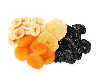 Photo of Mix of different dried fruits isolated on white, top view