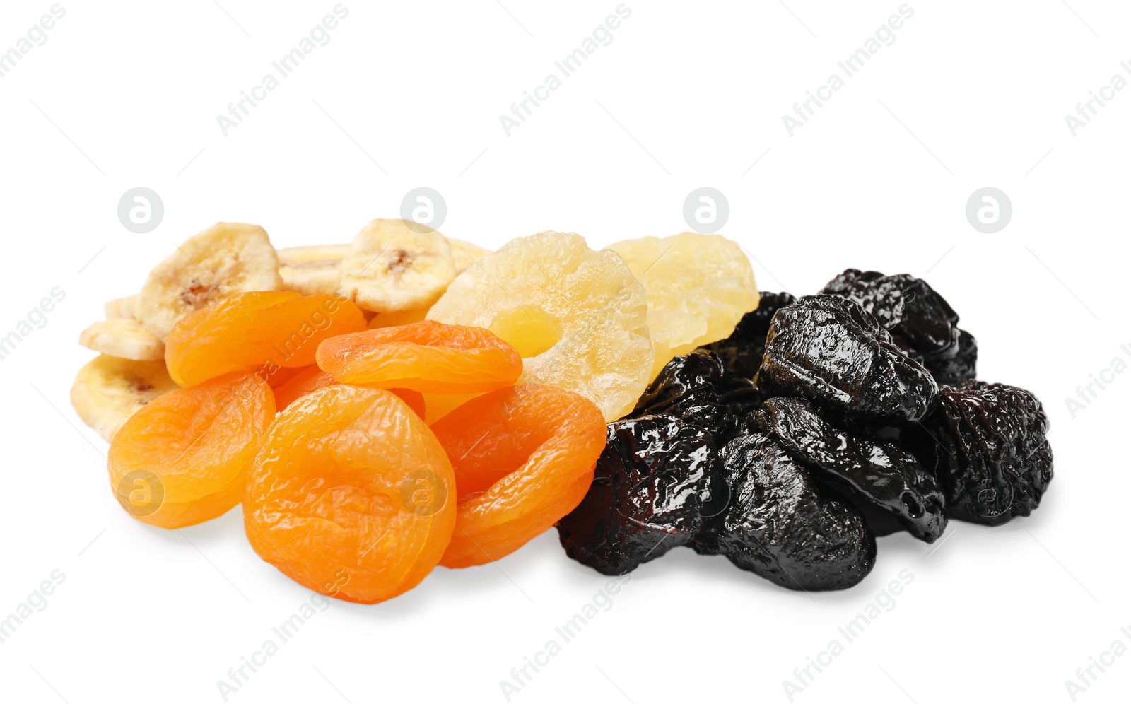 Photo of Mix of different dried fruits isolated on white