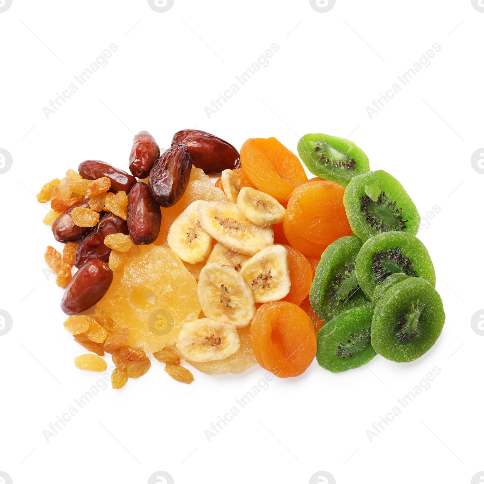 Photo of Mix of different dried fruits isolated on white, top view