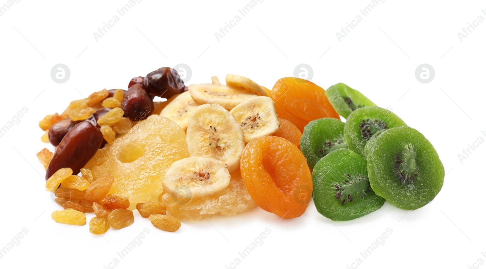 Photo of Mix of different dried fruits isolated on white