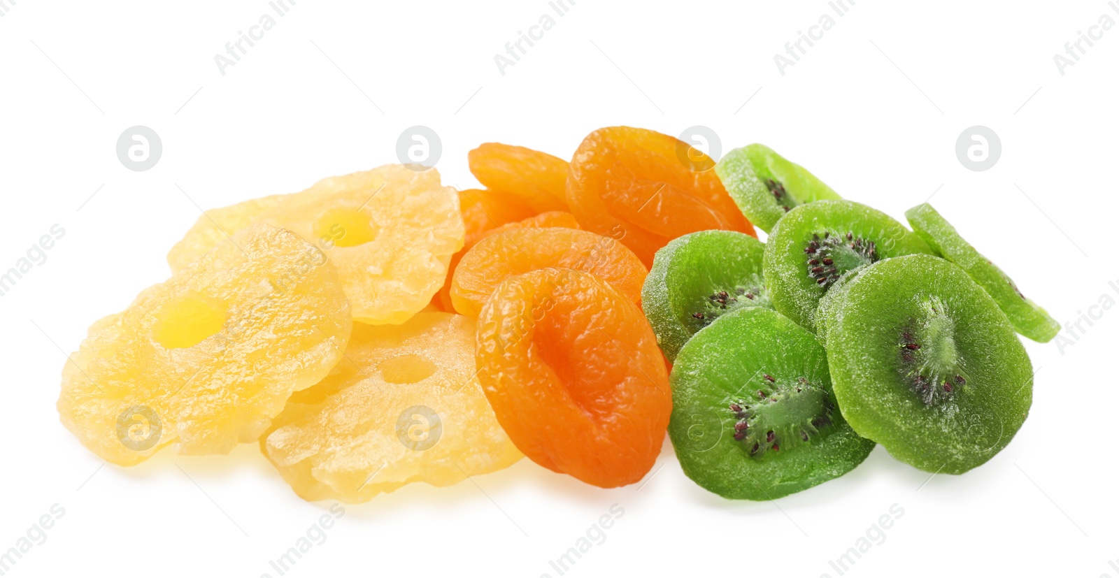 Photo of Mix of different dried fruits isolated on white