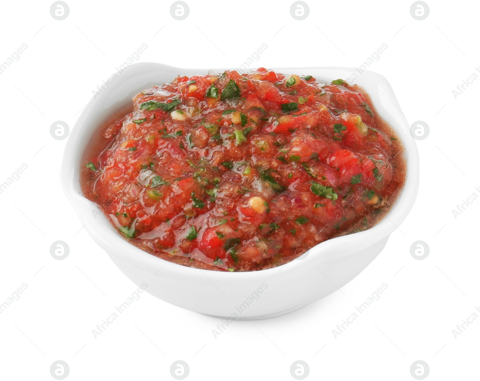 Photo of Tasty salsa sauce in bowl isolated on white