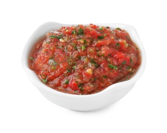 Photo of Tasty salsa sauce in bowl isolated on white