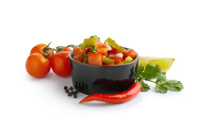 Photo of Tasty salsa sauce and ingredients isolated on white