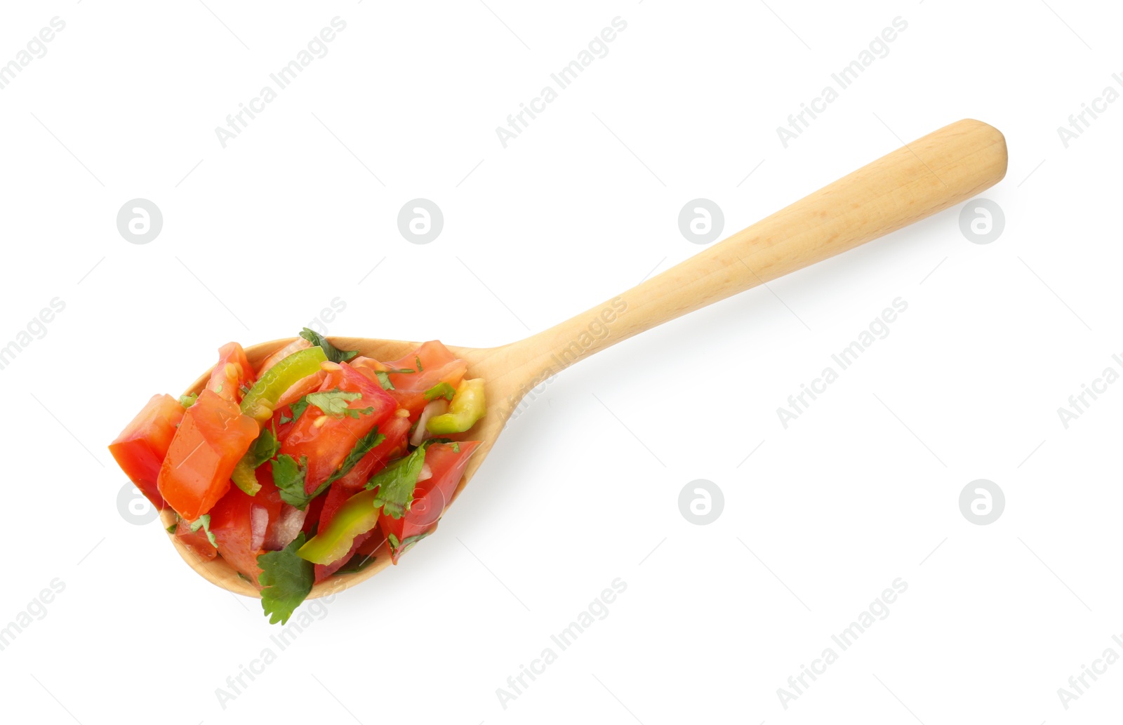 Photo of Tasty salsa sauce in spoon isolated on white