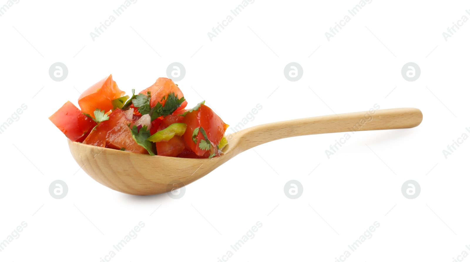 Photo of Tasty salsa sauce in spoon isolated on white