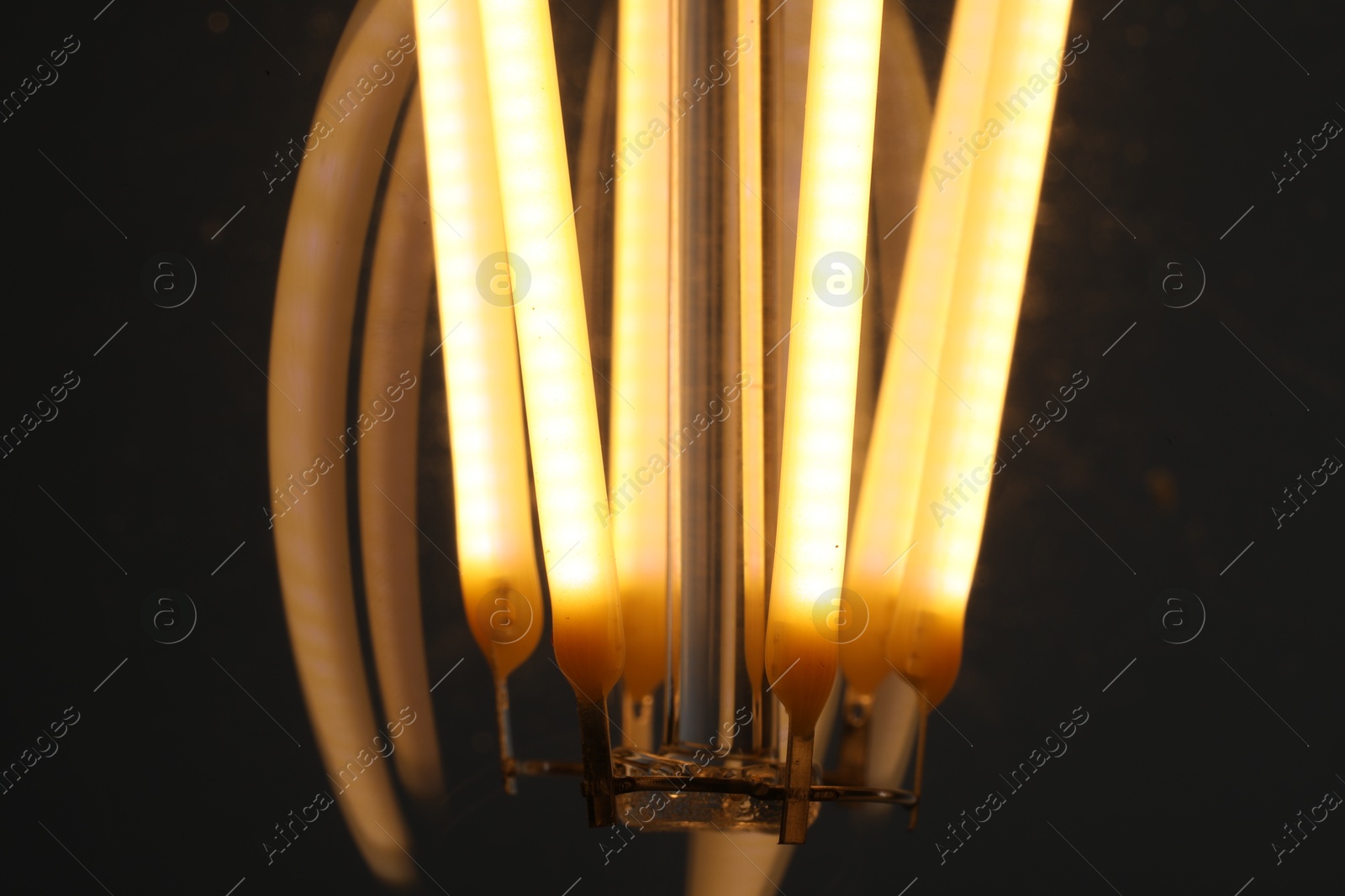 Photo of Glowing light bulb on dark background, closeup