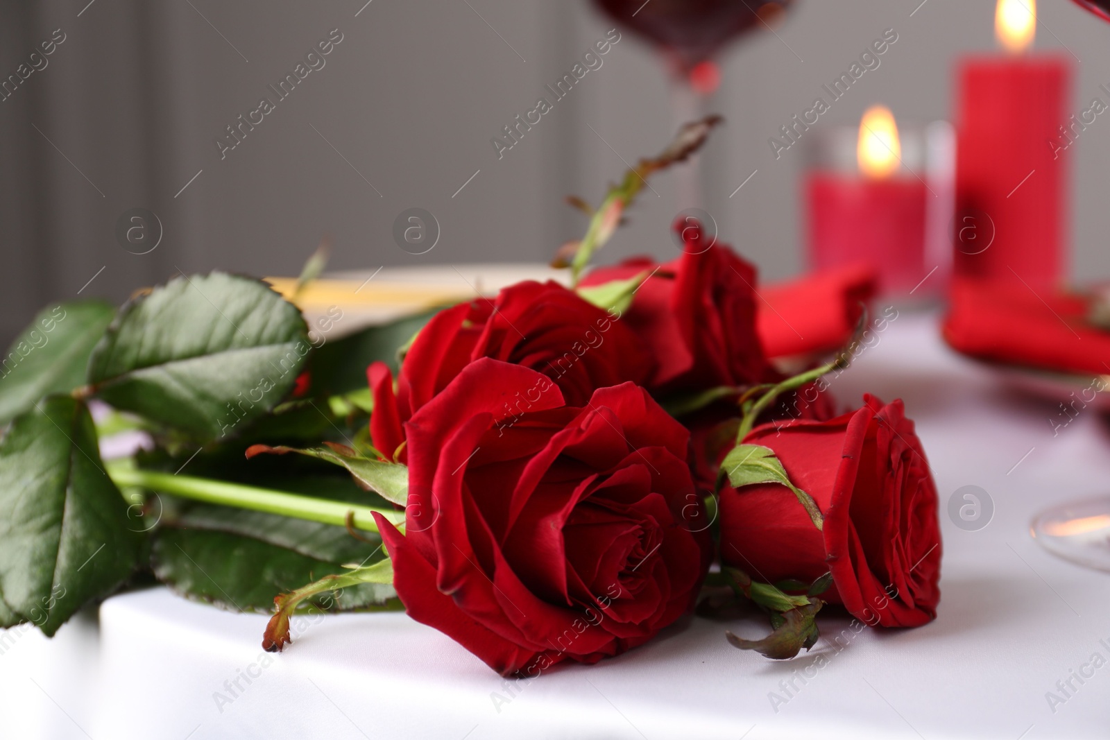 Photo of Beautiful red roses on white table indoors, closeup