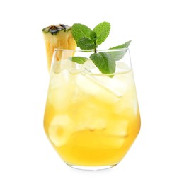 Photo of Tasty pineapple cocktail with mint in glass isolated on white