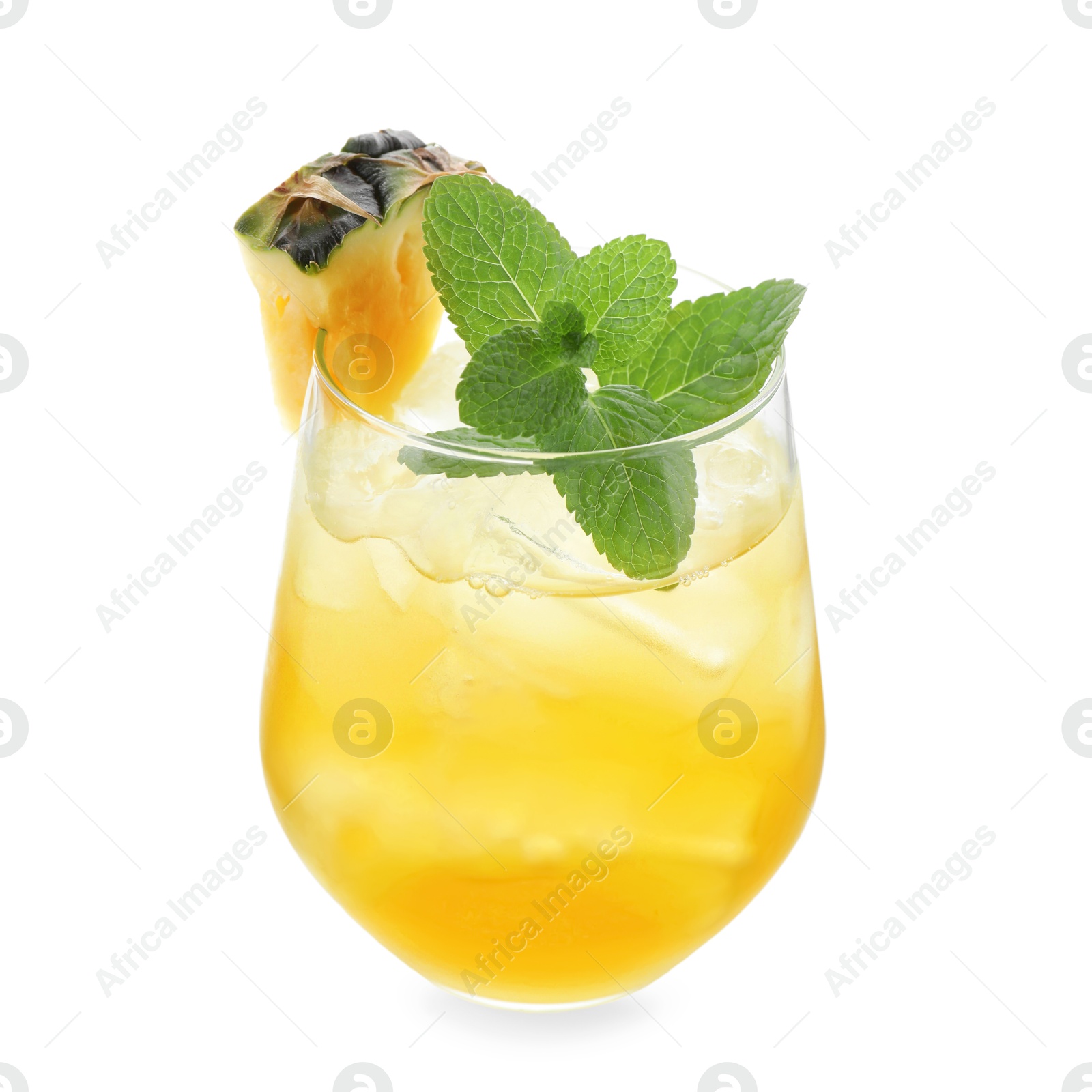 Photo of Tasty pineapple cocktail with mint in glass isolated on white