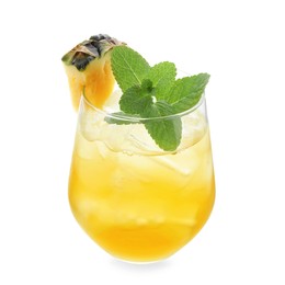 Photo of Tasty pineapple cocktail with mint in glass isolated on white