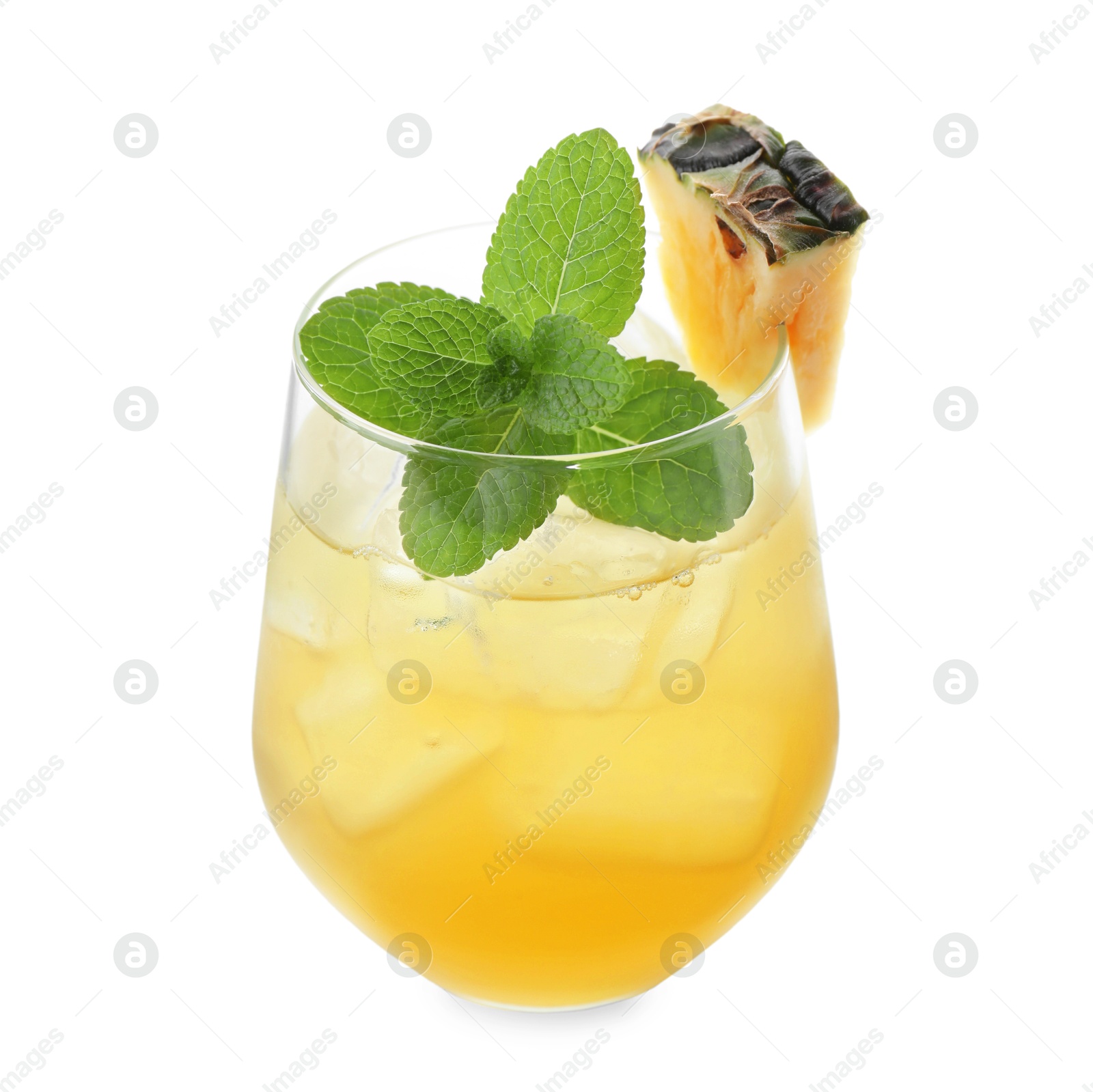 Photo of Tasty pineapple cocktail with mint in glass isolated on white