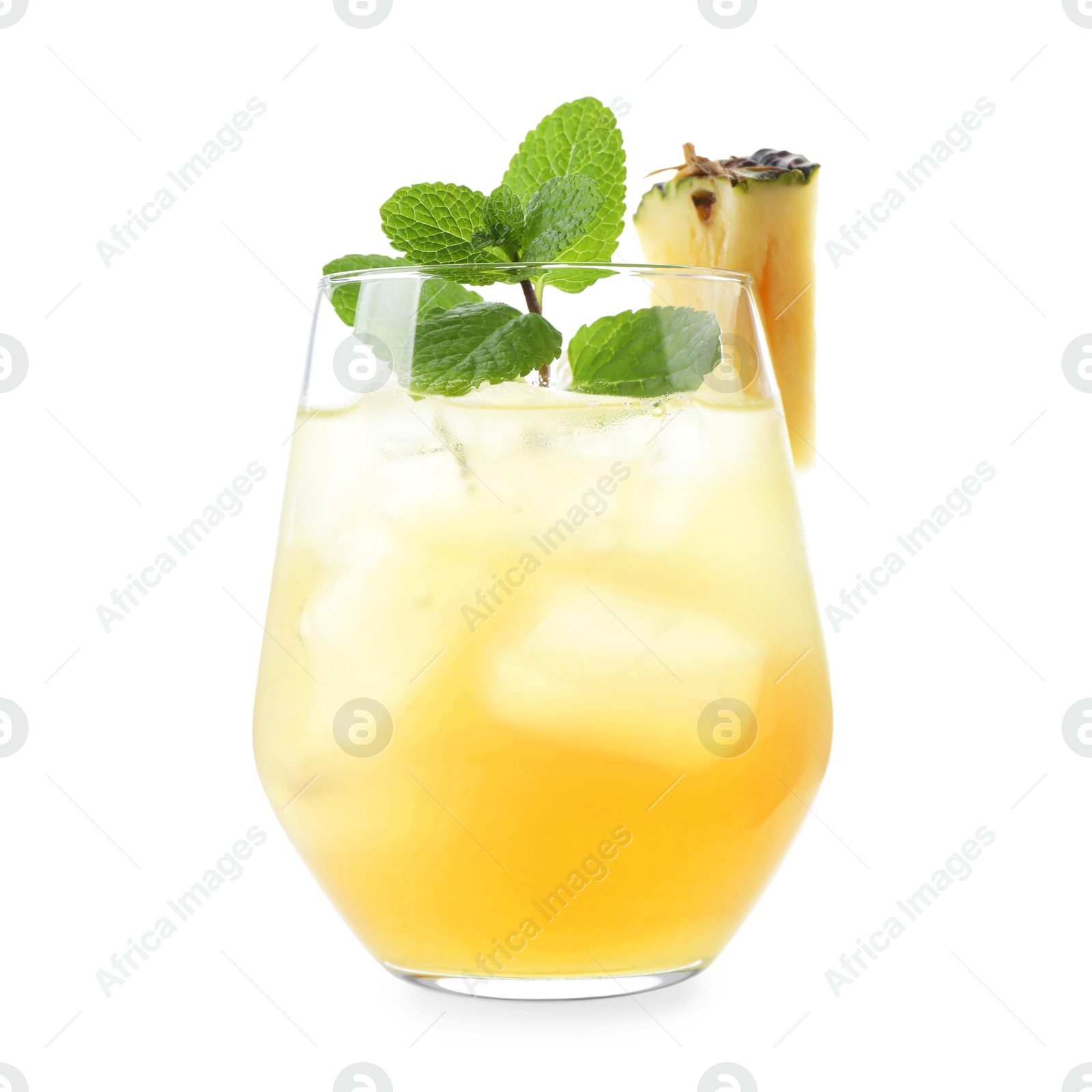 Photo of Tasty pineapple cocktail with mint in glass isolated on white