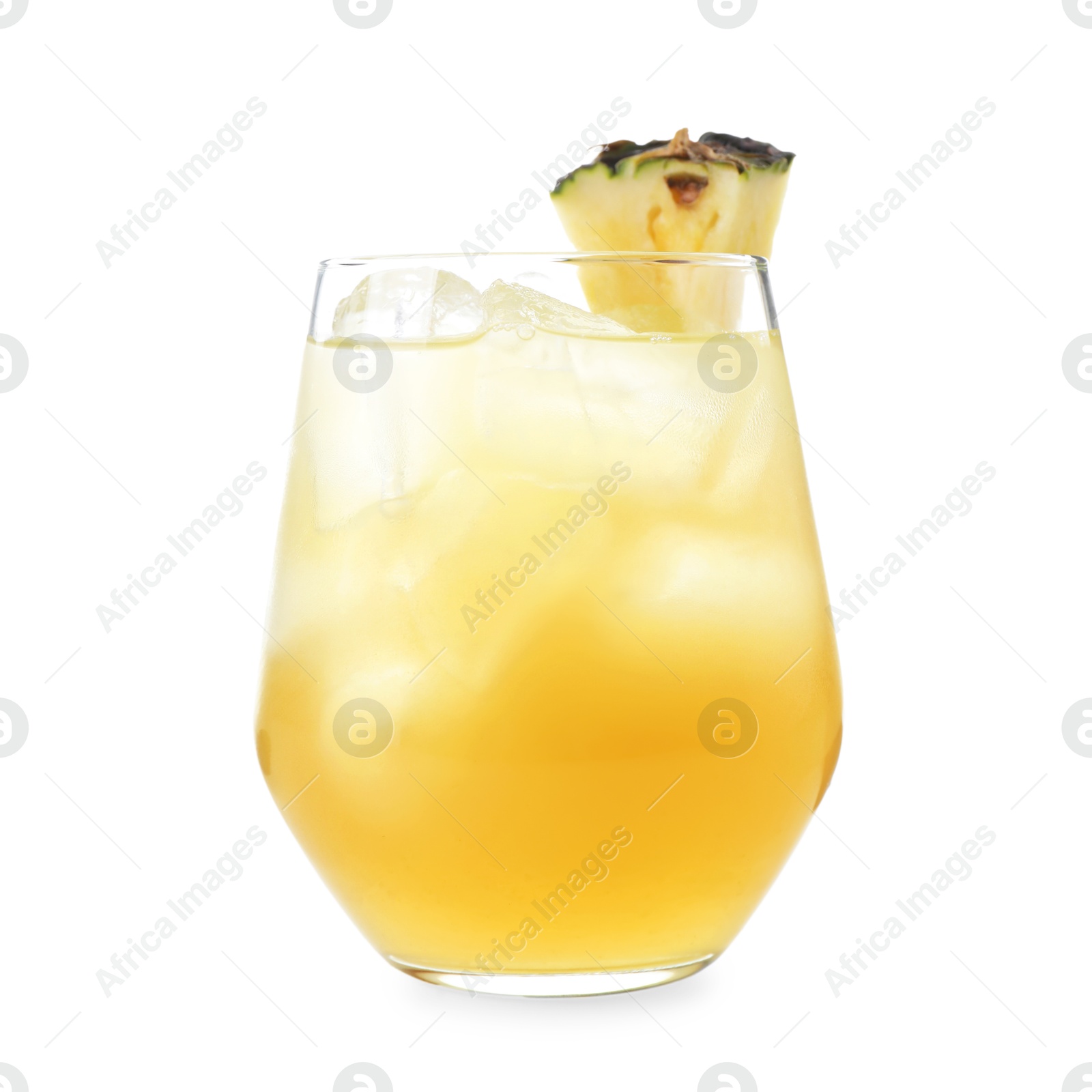 Photo of Tasty pineapple cocktail with ice cubes in glass isolated on white