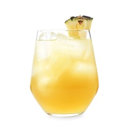 Photo of Tasty pineapple cocktail with ice cubes in glass isolated on white