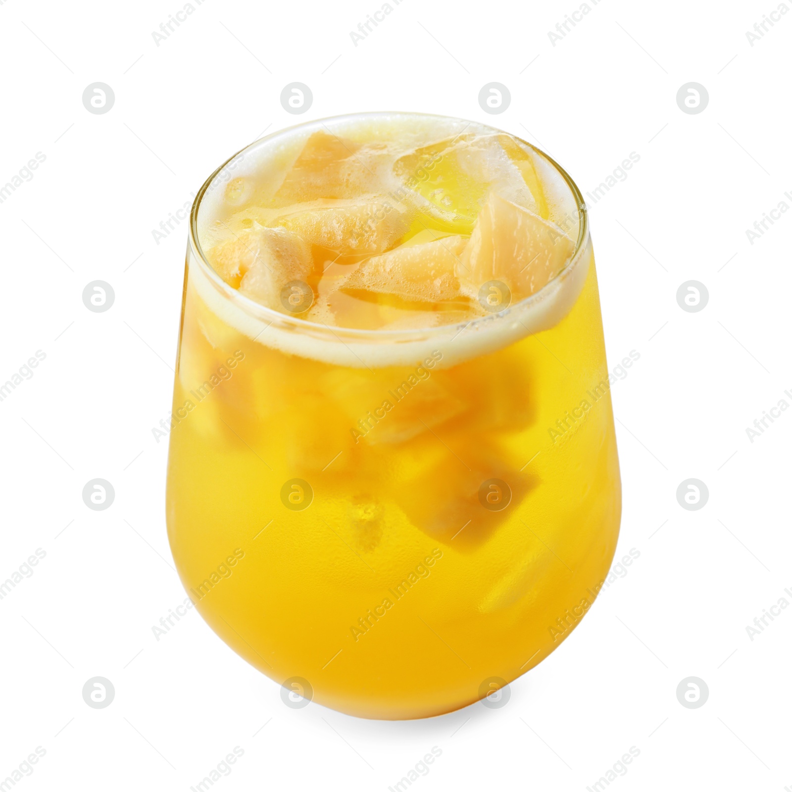 Photo of Tasty pineapple cocktail in glass isolated on white