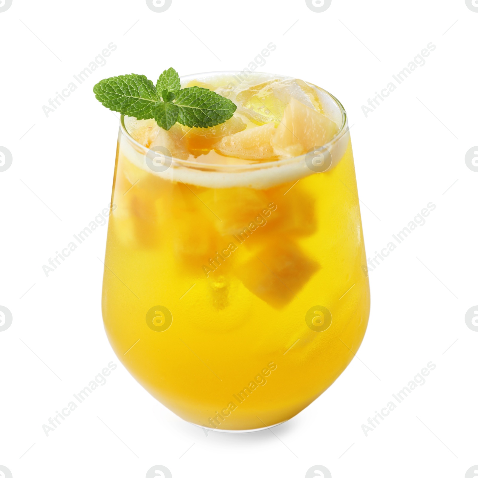 Photo of Tasty pineapple cocktail with mint in glass isolated on white