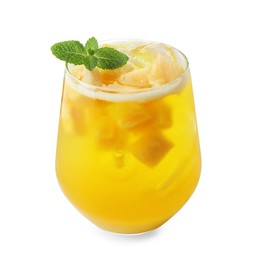 Photo of Tasty pineapple cocktail with mint in glass isolated on white