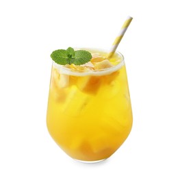 Photo of Tasty pineapple cocktail with mint in glass isolated on white