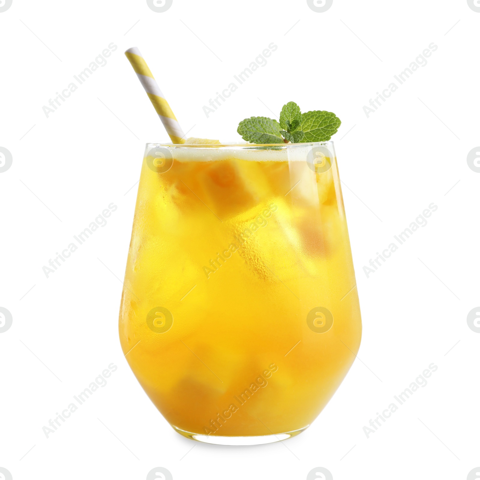 Photo of Tasty pineapple cocktail with mint in glass isolated on white