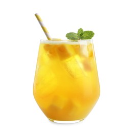 Photo of Tasty pineapple cocktail with mint in glass isolated on white