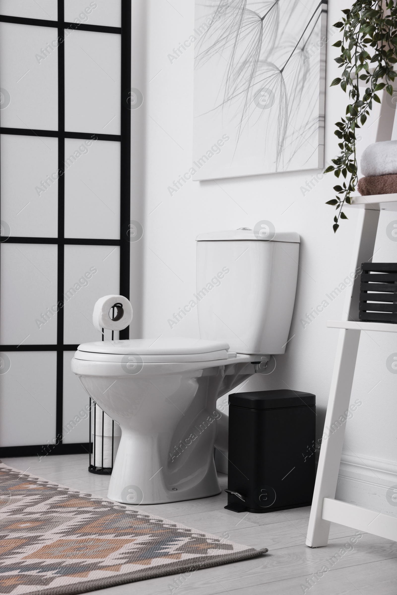 Photo of Folding screen, toilet bowl and houseplant in restroom