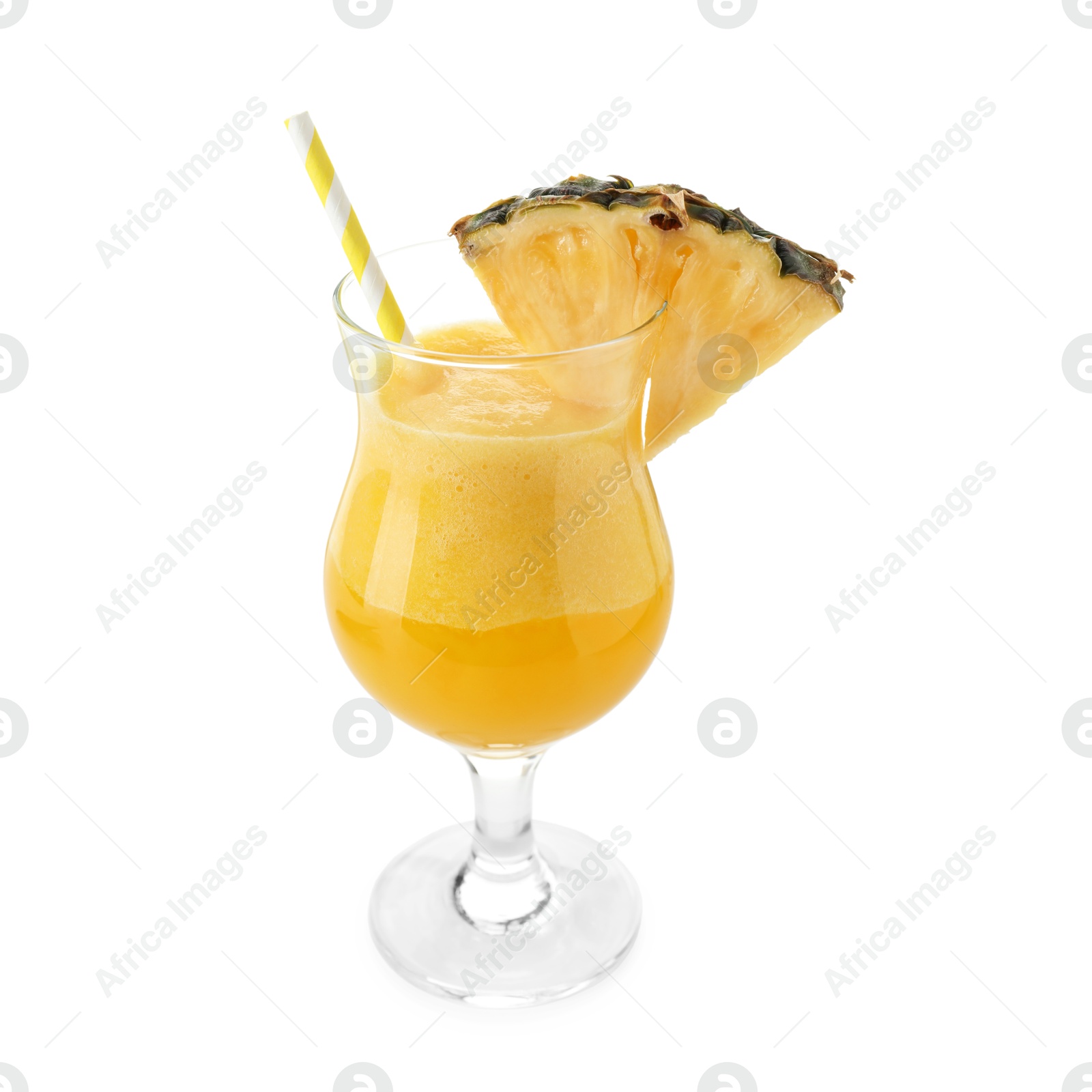 Photo of Tasty pineapple cocktail in glass isolated on white