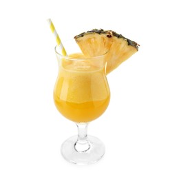 Photo of Tasty pineapple cocktail in glass isolated on white