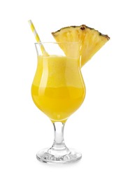 Photo of Tasty pineapple cocktail in glass isolated on white