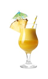 Photo of Tasty pineapple cocktail in glass isolated on white