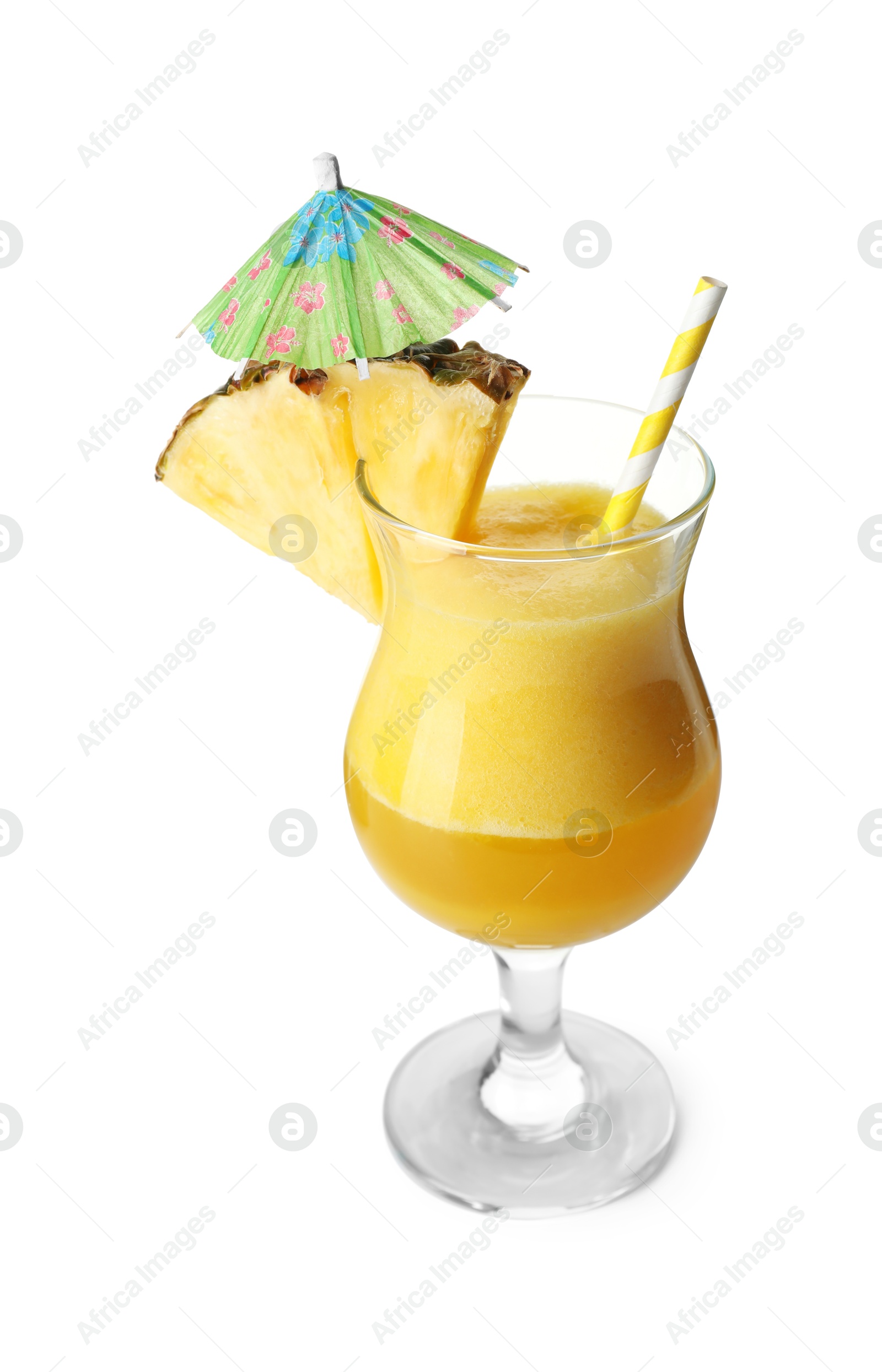 Photo of Tasty pineapple cocktail in glass isolated on white