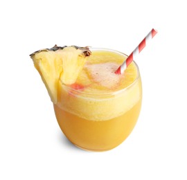 Photo of Tasty pineapple cocktail in glass isolated on white