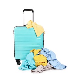 Photo of Suitcase and pile of different messy clothes isolated on white