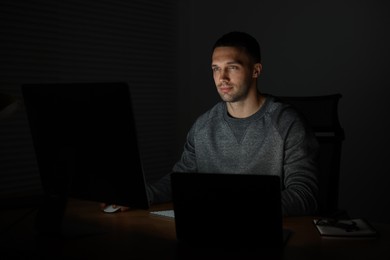 Photo of Programmer working on computer indoors at night