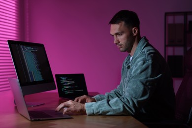 Photo of Programmer working on laptop indoors at night