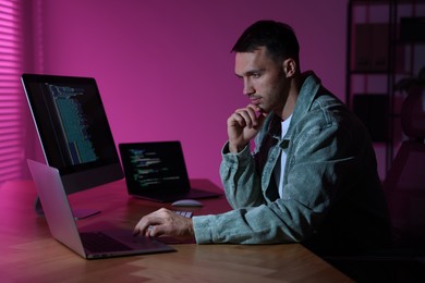 Photo of Programmer working on laptop indoors at night