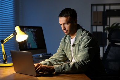 Photo of Programmer working on laptop indoors at night