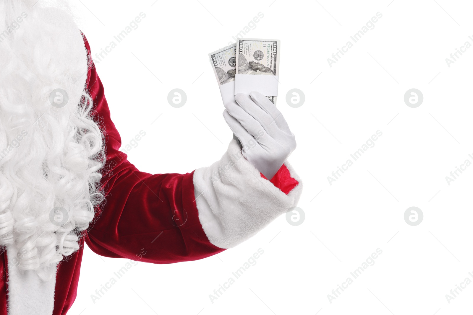 Photo of Santa Claus holding dollar banknotes on white background, closeup