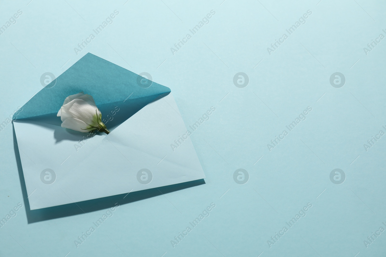 Photo of Paper envelope with flower on light blue background, above view. Mockup for design