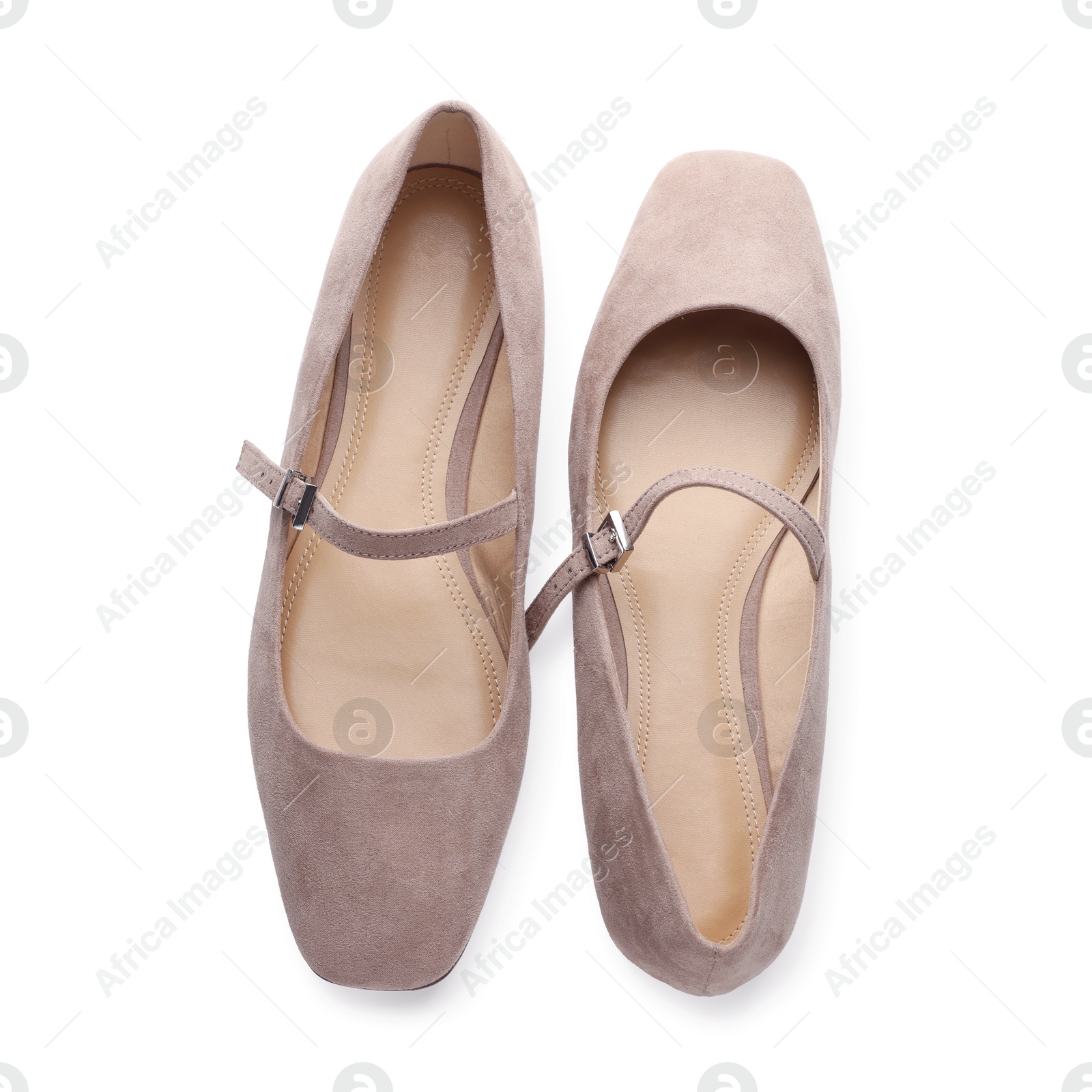 Photo of Pair of ballet flats isolated on white, top view