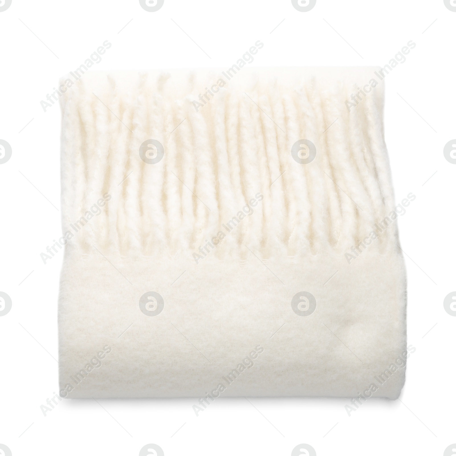 Photo of Warm woolen scarf isolated on white, top view