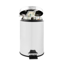 Photo of Dollar banknotes in trash bin on white background