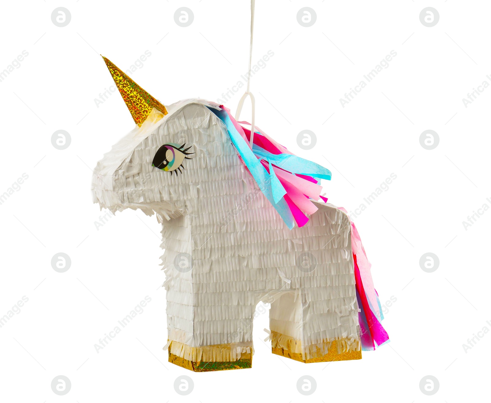 Photo of Colorful unicorn shaped pinata isolated on white