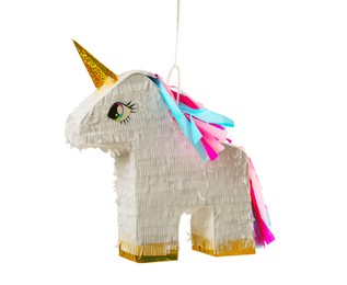 Photo of Colorful unicorn shaped pinata isolated on white