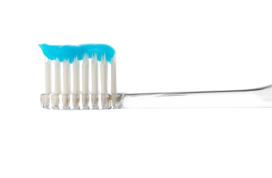 Photo of One toothbrush with toothpaste in air isolated on white